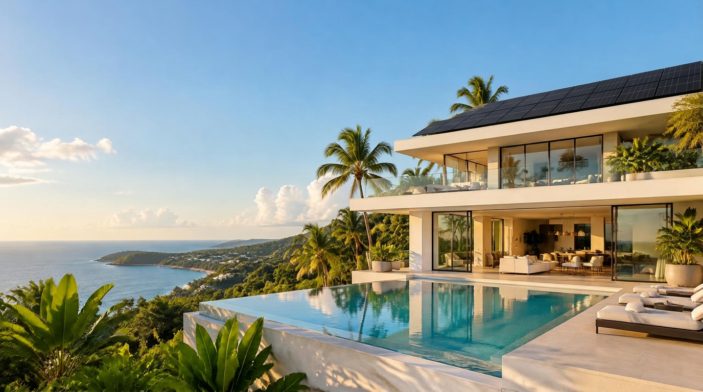Residencia moderna en Puerto Rico con placas solares negras